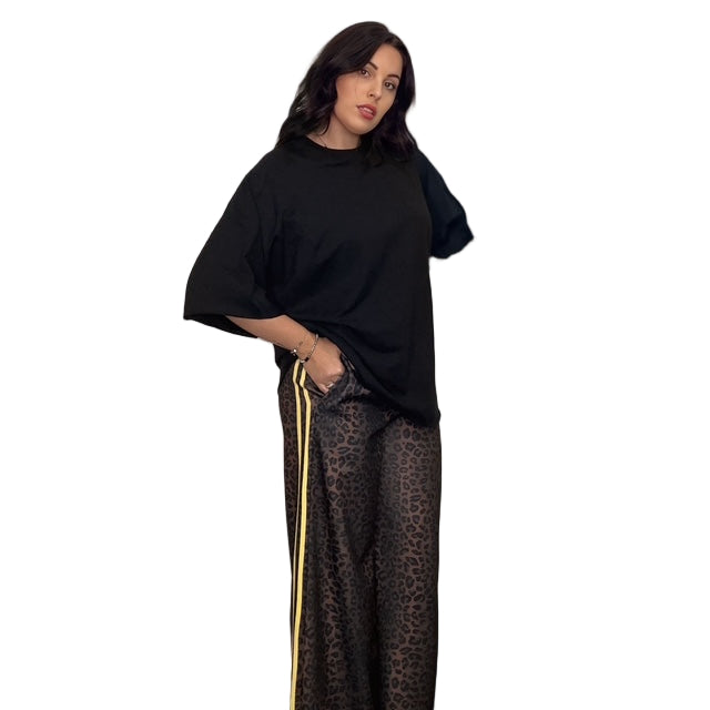 Pantalone Donna Animalier Righe Glamour Effetto Raso Maculato con Righe Laterali Colorate Stile Statement e Comfort Lussuoso