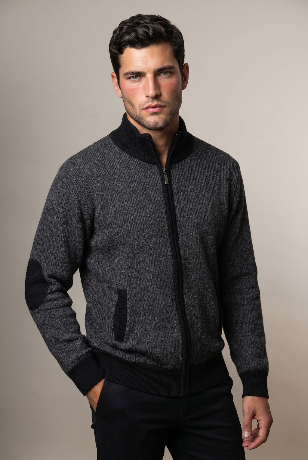 Felpa uomo felpata con zip completa e toppe al gomito