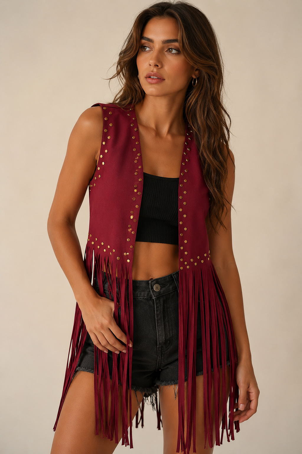 Gilet Boho con Frange e Borchie