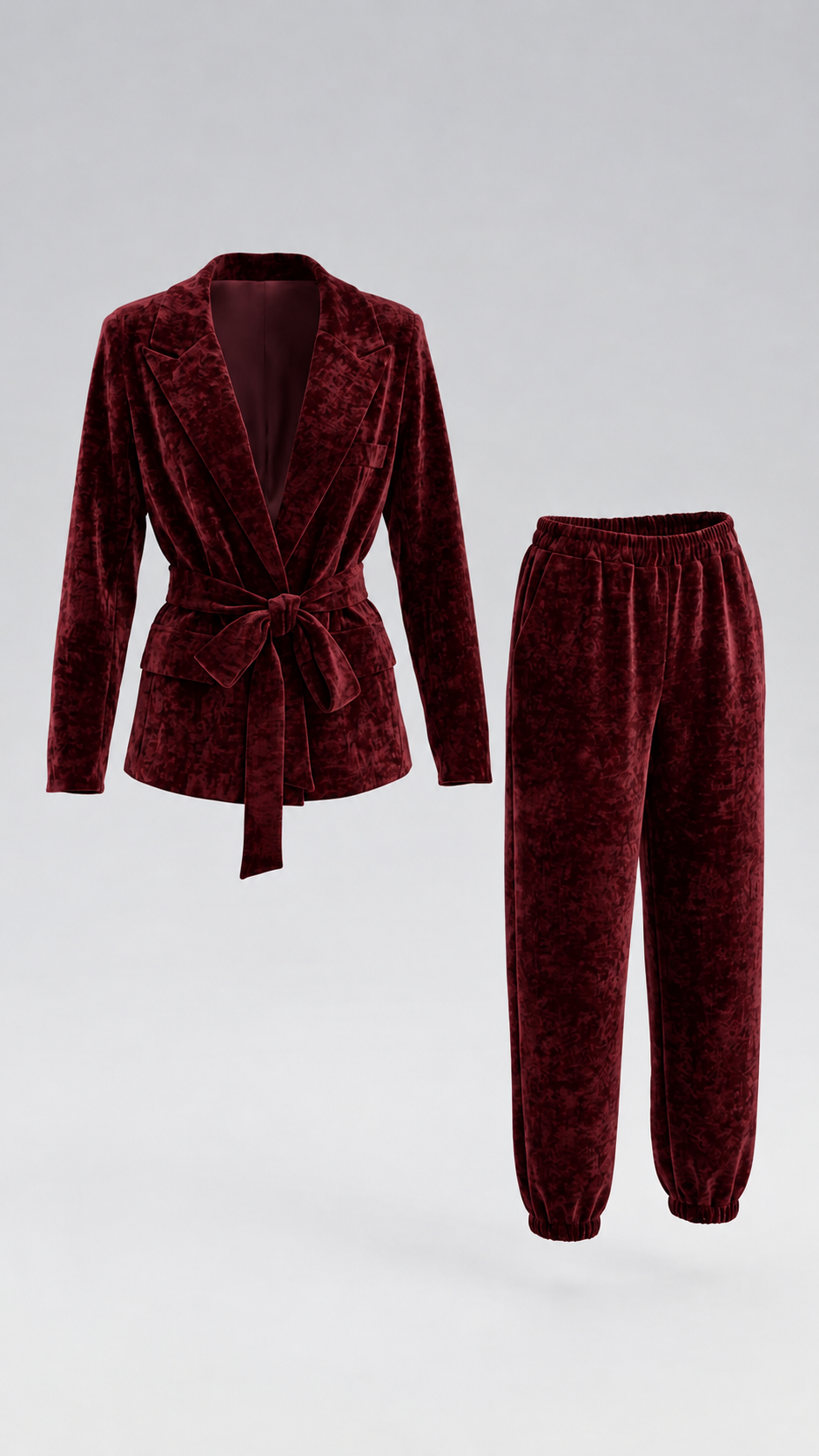 Tailleur donna in velluto con cintura e pantaloni balloon