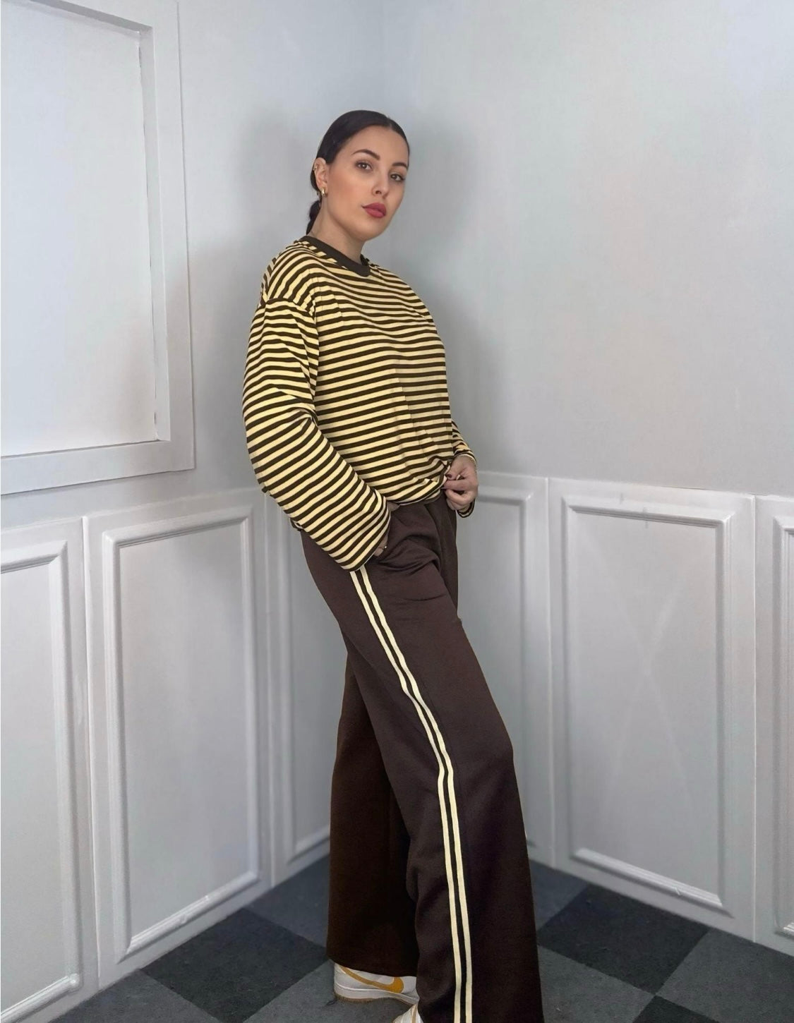 Pantalone Tuta in Felpa/Viscosa Tinta Unita con Bande Laterali Colorate