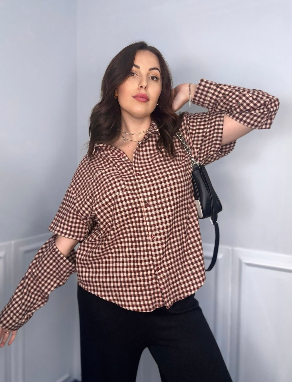 Camicia a Quadretti con Maniche Staccabili in Cotone Versatile per 4 Stagioni Collo Francese e Design Chic Taglia fino a 52