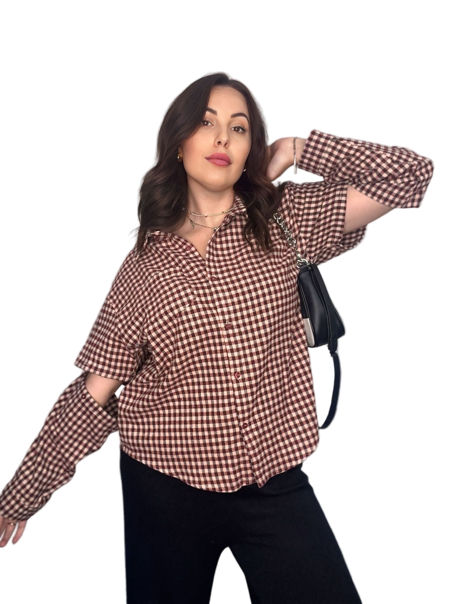 Camicia a Quadretti con Maniche Staccabili in Cotone Versatile per 4 Stagioni Collo Francese e Design Chic Taglia fino a 52