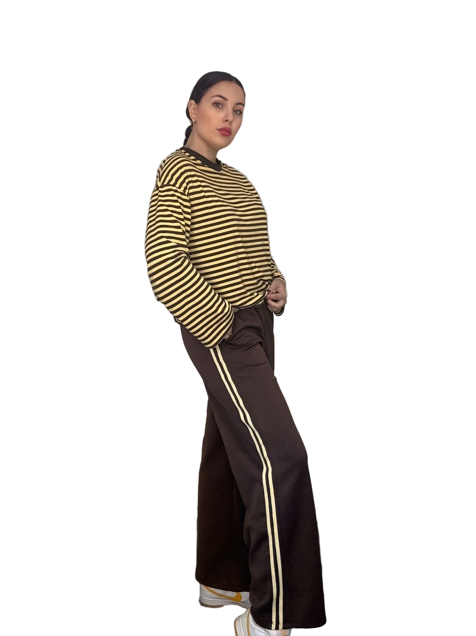 Pantalone Tuta in Felpa/Viscosa Tinta Unita con Bande Laterali Colorate